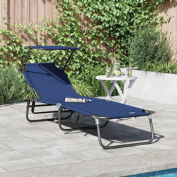 Berkfield Folding Sun Lounger With Canopy Blue 600D Oxford Fabric