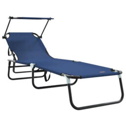 Berkfield Folding Sun Lounger With Canopy Blue 600D Oxford Fabric - thumbnail 2