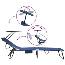 Berkfield Folding Sun Lounger With Canopy Blue 600D Oxford Fabric - thumbnail 8