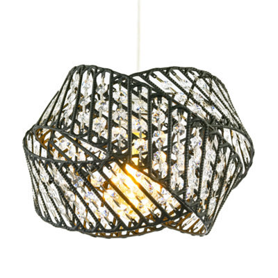 Happy Homewares Designer Triple Ring Black Pendant Lamp Shade With Clear Acrylic Beads - image 1