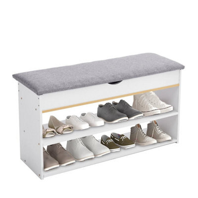 1001 White Entryway Shoe Bench With Cushion Seat Storage Cabinet Organizer - image 1