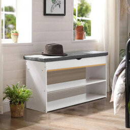 1001 White Entryway Shoe Bench With Cushion Seat Storage Cabinet Organizer - thumbnail 3