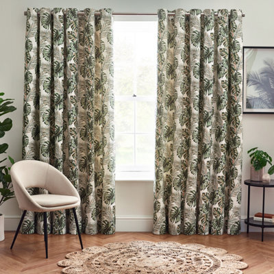 furn. Cream & Green Tropcial Leaves Lined Eyelet Curtains (W)167Cm (L)228Cm, Pair