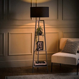 Valuelights Hiru Grey 3 Tier Shelf Floor Lamp With Black Drum Shade And Bulb - thumbnail 1