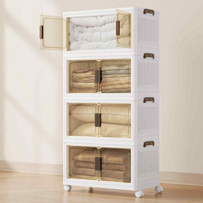 Plastic Storage Organiser With 4 Stackable Tiers, Lidded Cabinet On Wheels With Magnetic Door, White - image 1