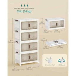 Plastic Storage Organiser With 4 Stackable Tiers, Lidded Cabinet On Wheels With Magnetic Door, White - thumbnail 2