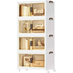 Plastic Storage Organiser With 4 Stackable Tiers, Lidded Cabinet On Wheels With Magnetic Door, White - thumbnail 7