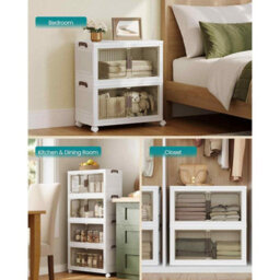 Plastic Storage Organiser With 4 Stackable Tiers, Lidded Cabinet On Wheels With Magnetic Door, White - thumbnail 6