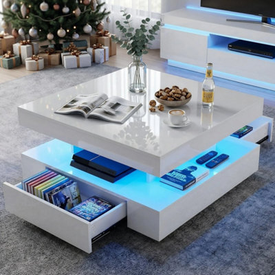 High Gloss Led Coffee Table With 2 Drawers Modern 2 Tier Square Centre Table - image 1