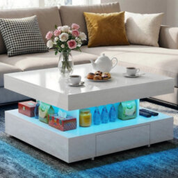 High Gloss Led Coffee Table With 2 Drawers Modern 2 Tier Square Centre Table - thumbnail 3