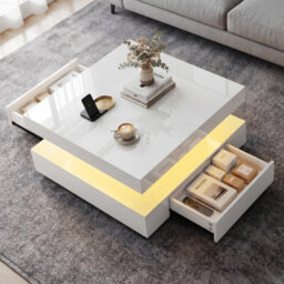 High Gloss Led Coffee Table With 2 Drawers Modern 2 Tier Square Centre Table - thumbnail 4