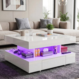 High Gloss Led Coffee Table With 2 Drawers Modern 2 Tier Square Centre Table - thumbnail 6