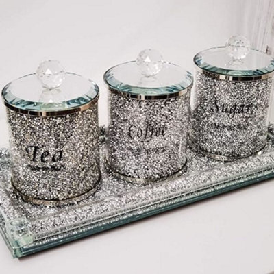 Deenz Set Of Diamond Crushed Tea Coffee Sugar Jars & Full Crushed Diamond Rectangle Tray Candle Holder 39X18Cm