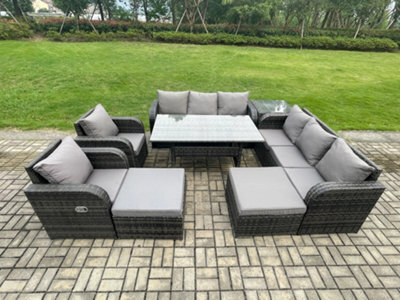 Fimous 10 Seater Rattan Garden Furniture Set Oblong Dining Table And Chairs Set With 3 Seater Sofa 2 Big Footstool Side Table - image 1
