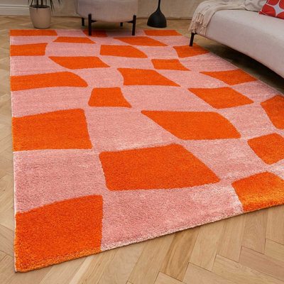 The Rugs Joli Orange And Pink Chequered Rug Soft Dense Pile Easy To Clean And Pet Friendly For Living Rooms And Bedrooms - image 1