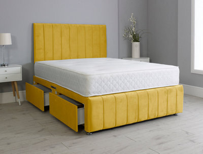 Comfy Deluxe 4Ft6 Double Panel Mustard Plush Divan Bed Set Headboard & Footboard 2 Drawers Right Side - image 1