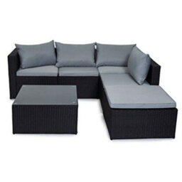 Evre Black Rattan Outdoor Garden Furniture Set Miami Sofa Coffee Table, Foot Stool Rattan - Inc Weekend Delivery - thumbnail 3