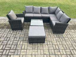 Fimous 8 Seat Rattan Garden Furniture Corner Sofa Set Outdoor Patio Sofa Chair Table Set With Big Footstool Dark Grey Mixed - thumbnail 1