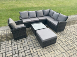 Fimous 8 Seat Rattan Garden Furniture Corner Sofa Set Outdoor Patio Sofa Chair Table Set With Big Footstool Dark Grey Mixed - thumbnail 2