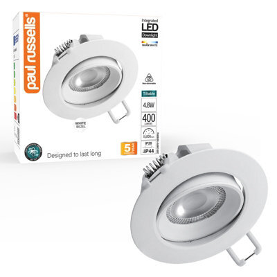 Paul Russells Led Downlight White Non-Dimmable Tilt Recessed Ceiling Spotlight 4.8W 400 Lumens Ip44 Warm White 3000K Pack Of 1 - image 1