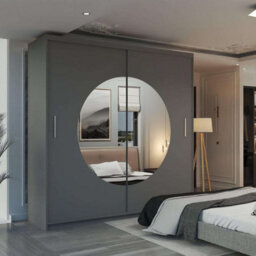 M N Furniture Ltd Wardrobe With Led Light, Modern Sliding Door With Round Mirror Design And Adjustable Storage-Bedroom Cabinet (Grey,203Cm) - thumbnail 1