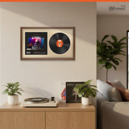 "30X17"" Walnut Modern Vinyl Record Frame With Ivory Mount For 12 Inch Lp Album Cover & Disc - Ak Frames" - thumbnail 5