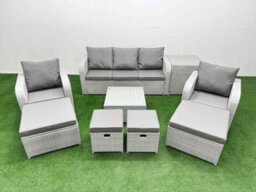 Fimous Outdoor Garden Furniture Set Pe Rattan Lounge Sofa Set With Coffee Table 3 Seater Sofa 4 Footstools Side Table Light Grey - thumbnail 1