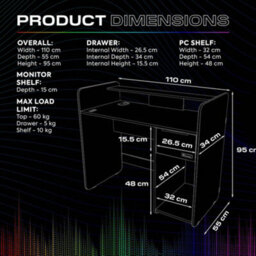 X Rocker Electra 110Cm Rgb Gaming Desk With Wireless Charging - Black - thumbnail 8