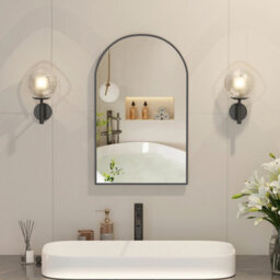 Keepreaper Sleek Metal Framed Arch Bathroom Mirror Cabinet Brushed Black 42X68 Wall Mounted Bathroom Cabinet