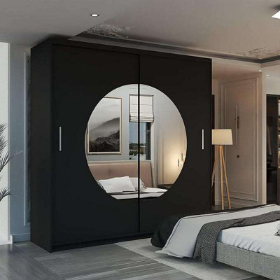 M N Furniture Ltd Wardrobe With Led Light, Modern Sliding Door With Round Mirror Design And Adjustable Storage-Bedroom Cabinet (Black,150Cm) - image 1