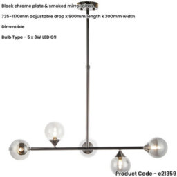 Loops Multi Arm Hanging Ceiling Pendant Light - Black Chrome Plate & Smoked Mirror Glass Shade - 5 X 3W Led G9 - thumbnail 2