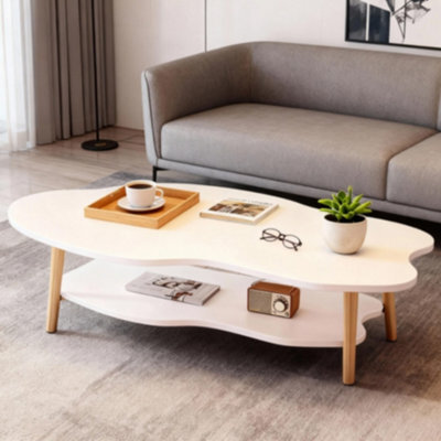Modern Cloud-Shaped Two-Tier Coffee Table With Natural Wood Legs - White, 80Cm - image 1