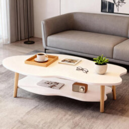Modern Cloud-Shaped Two-Tier Coffee Table With Natural Wood Legs - White, 80Cm - thumbnail 1