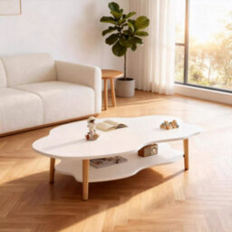 Modern Cloud-Shaped Two-Tier Coffee Table With Natural Wood Legs - White, 80Cm - thumbnail 4