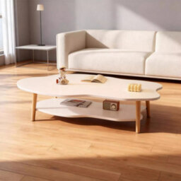 Modern Cloud-Shaped Two-Tier Coffee Table With Natural Wood Legs - White, 80Cm - thumbnail 5
