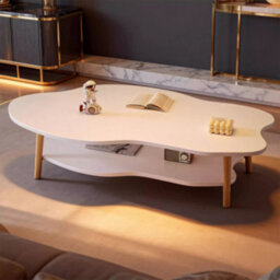Modern Cloud-Shaped Two-Tier Coffee Table With Natural Wood Legs - White, 80Cm - thumbnail 3