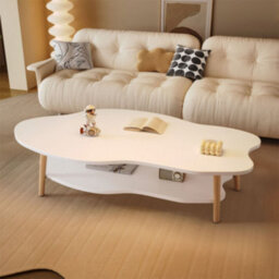 Modern Cloud-Shaped Two-Tier Coffee Table With Natural Wood Legs - White, 80Cm - thumbnail 6
