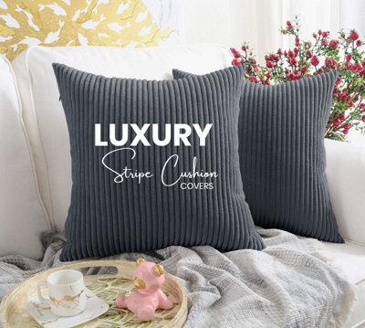 Ameha Stripe Velvet Grey Cushion Cover 18X18 Inch Set Of 2, Soft Breathable Hypoallergenic Zip Closure - image 1