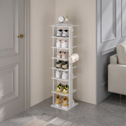 Thehotsale 8 Tier Square Stable And Heavy-Duty White Particle Board Shoe Rack With Hooks - thumbnail 1