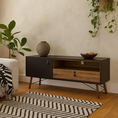 Wyld Haus Juno Matt Black And Walnut Tv Unit 1 Door 1 Drawer And Open Shelf - image 1