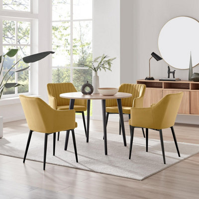 Furniturebox Uk Koko Oak Effect Round Dining Table & 4 Mustard Calla Black Leg Chairs