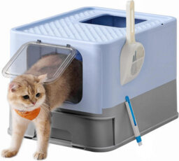 Songmics Cat Litter Box, Feline Waste Box With Cover, Pull-Out Drawer, Scoop, Bristle, Pale Blue And Dove Grey - thumbnail 7