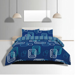 Duvet Cover And Pillowcase Set Geometric Square Design Polycotton Bed Linen Blue - thumbnail 1