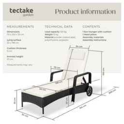 Tectake Sun Lounger - 6-Position Backrest, Weather & Uv-Resistant, Soft Pillow, Two Wheels - Black/beige - thumbnail 6
