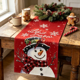 Amorly Red Christmas Table Runner With Snowflake Snowman Prints, Merry Xmas Themed Table Center Ornament For Family Kitchen Home Layouts - thumbnail 1