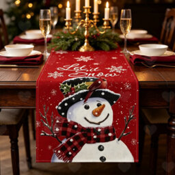 Amorly Red Christmas Table Runner With Snowflake Snowman Prints, Merry Xmas Themed Table Center Ornament For Family Kitchen Home Layouts - thumbnail 2