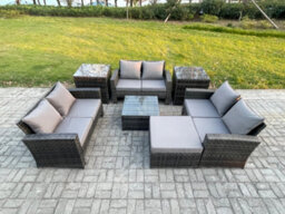 Fimous 7 Pcs Outdoor Lounge Sofa Set Wicker Pe Rattan Garden Furniture Set With Square Coffee Table Double Seat Sofa - thumbnail 1