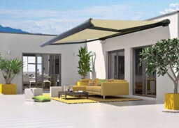 INTROLL Int500 - Full Cassette Retractable Garden Patio Canopy Manual + Electric + Led Grey Frame - Cream Desert Fabric - 4M X 3M