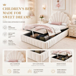 Abrihome 3Ft Kids Princess Ottoman Bed 90X190Cm, Shell-Shaped Velvet Headboard With Hydraulic Lift Storage, Beige - thumbnail 4