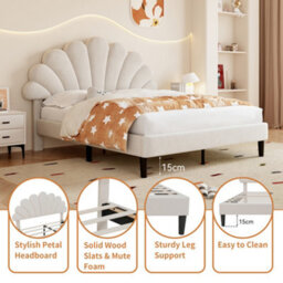 Modernluxe 4Ft6 Double Upholstered Velvet Bed Frame, With Adjustable Headboard, With Solid Wood Slat, No Box Spring Needed, Beige - thumbnail 3